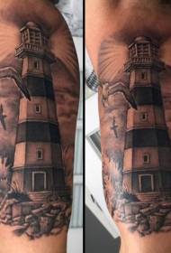 Big Nwa ak gri style Lighthouse ak Seagull Tattoo Modèl