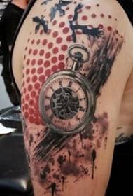 男孩手臂畫幾何圓形和飛濺墨水懷錶紋身圖片