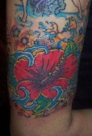 warna lengan pola tato kembang sepatu merah gaya Asia