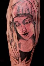 гравюр стиліндегі қара сызық Virgin Mary татуировкасы