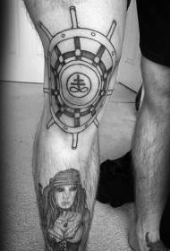 Motif de tatouage du genou pour le bateau et le personnage de bateau noir