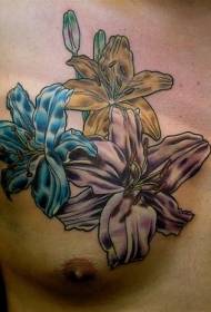 Chest Pink Blue and Yellow Lily Tattoo Pattern