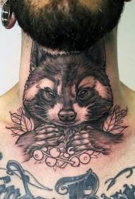 脖子上的黑色浣熊和漿果紋身圖案