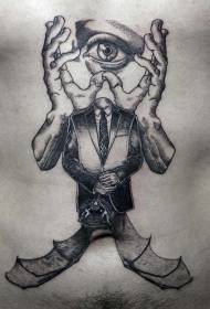 Vēdera dīvainā sirreālā stila melnu roku acu ķermeņa tetovējuma modelis