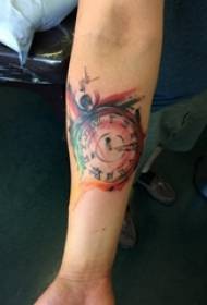 Boys arm painted gradient geometric abstract line clock tattoo pictures