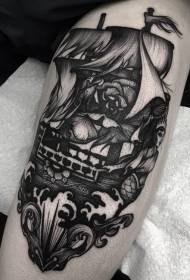 fiori neri stile incisione e vela tatuaggio modello