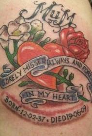 цвеће у боји рамена и црвена срца пригодне слике тетоважа