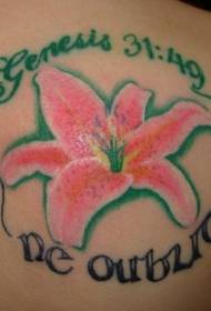 skouerkleur pienk lelie met lettertatoe 151581 @ vroulike middellyf tatoeëermerk vir leliekleur