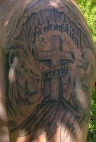 tatuagem comemorativa religiosa ombro salvação marrom