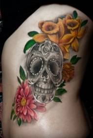 талії стороні сірий цукровий череп і квітка татуювання малюнок
