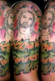 shoulder color graffiti with Jesus tattoo pattern