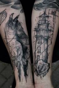braccio tatuaggio stile nero faro e modello del tatuaggio del corvo