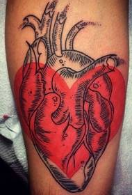 engraving style black line heart with red heart tattoo pattern