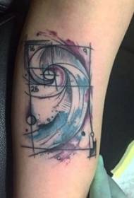 Le linee geometriche sfumate dipinte di ragazzi sul polpaccio spruzzano immagini di tatuaggi