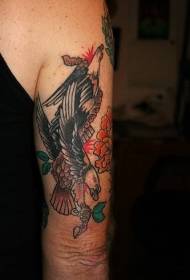 Arm Traditional Colour Eagle ndi Flower tattoo