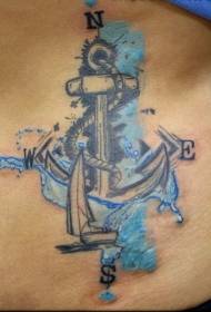 Abdomen Color Cool Blue Anchor Compass Tattoo Pattern