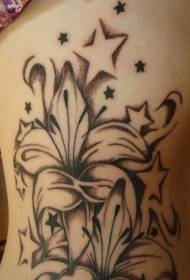 странично ребро лилия Черен модел на татуировка с цветя и звезди