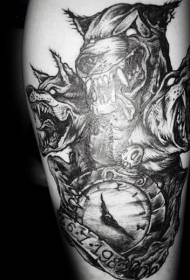 mostro nero personaggio polpaccio con motivo tatuaggio orologio e data
