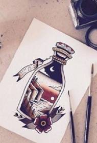 Målad akvarell kreativ flaska bild-i-bild strandnatt tatuering manuskript