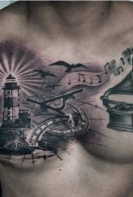 borst zwart-wit grammofoon en vogel vuurtoren tattoo patroon