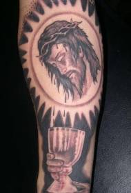 Arm Brown Jesus Head with Cup Tattoo Foto