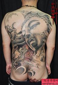 Pilna nugaros juodos pilkos spalvos Budos galvos ir drakono tatuiruotės modelis