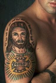 male boom fire sign Tattoo with the statue of Jesus