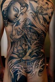 patrón de tatuaje de calamar Guanyin de espalda completa