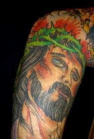 腿彩色的耶穌傳統紋身圖案
