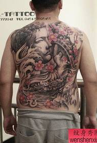 férfi hát klasszikus teljes hátsó fekete-fehér Buddha fej tetoválás minta