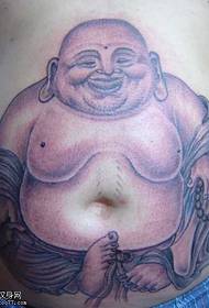 belly Maitreya smile sitting on the tattoo pattern