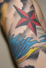 Motivo a tatuaggio a stella a cinque punte a spalla e passero colorato