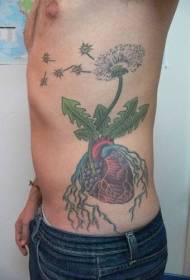 Taille zijkleur realistisch hart met paardenbloem tattoo