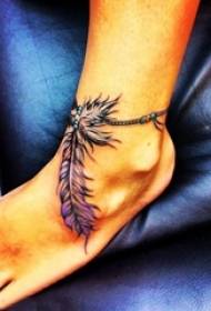 Painted watercolor sketch creative literary feather tattoo picture on girl's foot