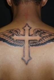 Boy back black gray sketch creative cross and wings tattoo picture