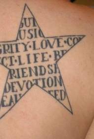 Modello di tatuaggio con alfabeto inglese a stella a cinque punte sulla spalla
