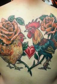 Back color tambala wokhala ndi rose maluwa achikondi tattoo
