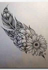 Black and gray sketch depicting creative aesthetic flower feather tattoo manuscript