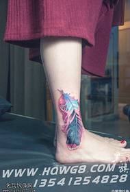 Colorful feather tattoo on ankle