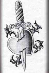 Bosquejo negro gris truco de picadura daga creativa en forma de corazón tatuaje manuscrito