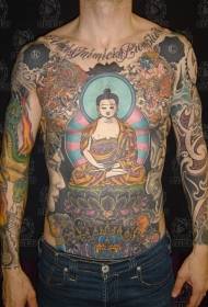dealbh Buddha ar scála mór agus patrún tattoo siombail Búdaíoch