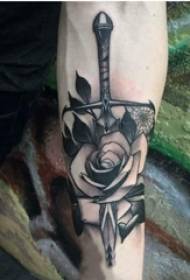 Boys Arms on Black Gray Sketch Sting Tips Creative Rose Dagger Tattoo Picture