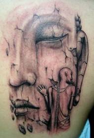 Broken Buddha Statue at Monk Tattoo Pattern