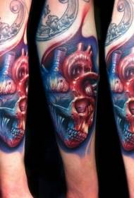 Mysterious colorful skull heart tattoo pattern