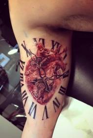 Arm color clock human heart tattoo pattern