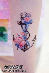 Leg color flower anchor tattoo pattern