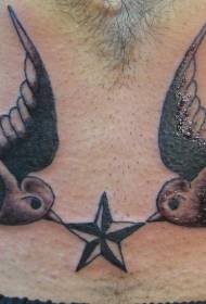 Ventre noir gris deux moineaux tenant un motif de tatouage étoiles