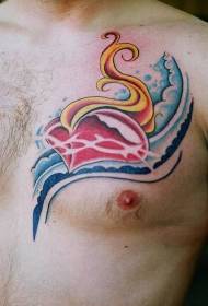 Hart tattoo patroon in borst gekleurde vlam
