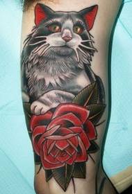 الگوی تاتو بزرگ گربه زیبا و گل رز قرمز