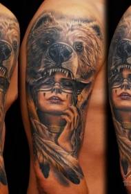 arm scary bear head and sexy woman tattoo pattern